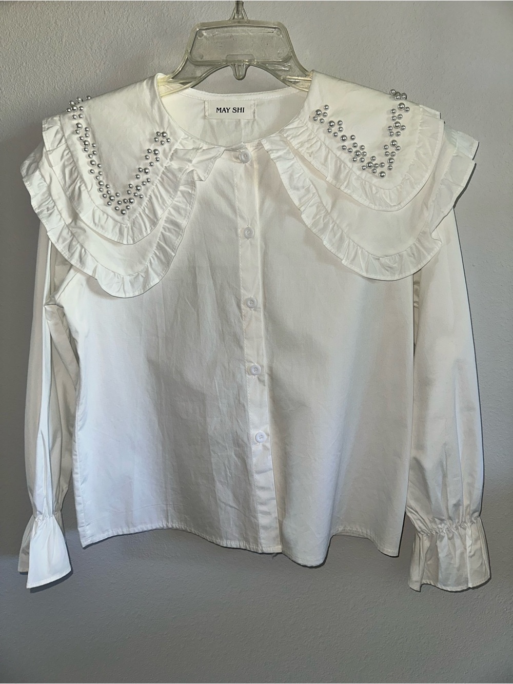 White Pearl-Embellished Ruffled Collar Shirt S from May Shi boutique in Madrid